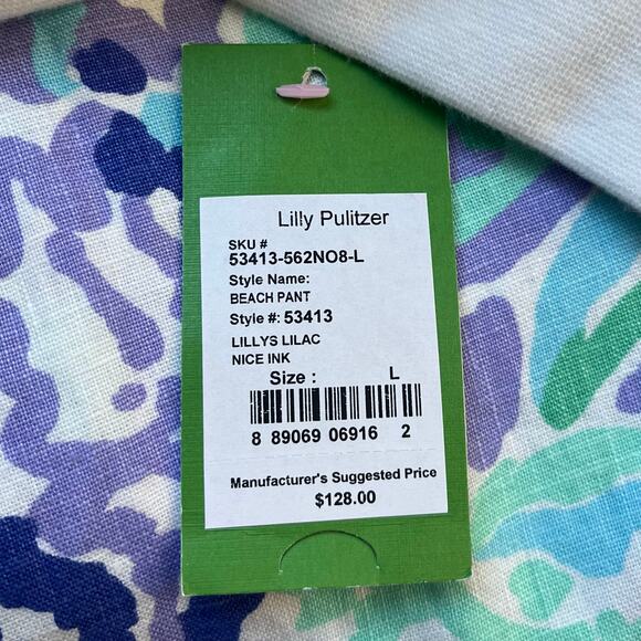 NEW Lilly Pulitzer Linen Beach Pant Lilly's Lilac Nice Ink Pull On Women's Large - Picture 4 of 9